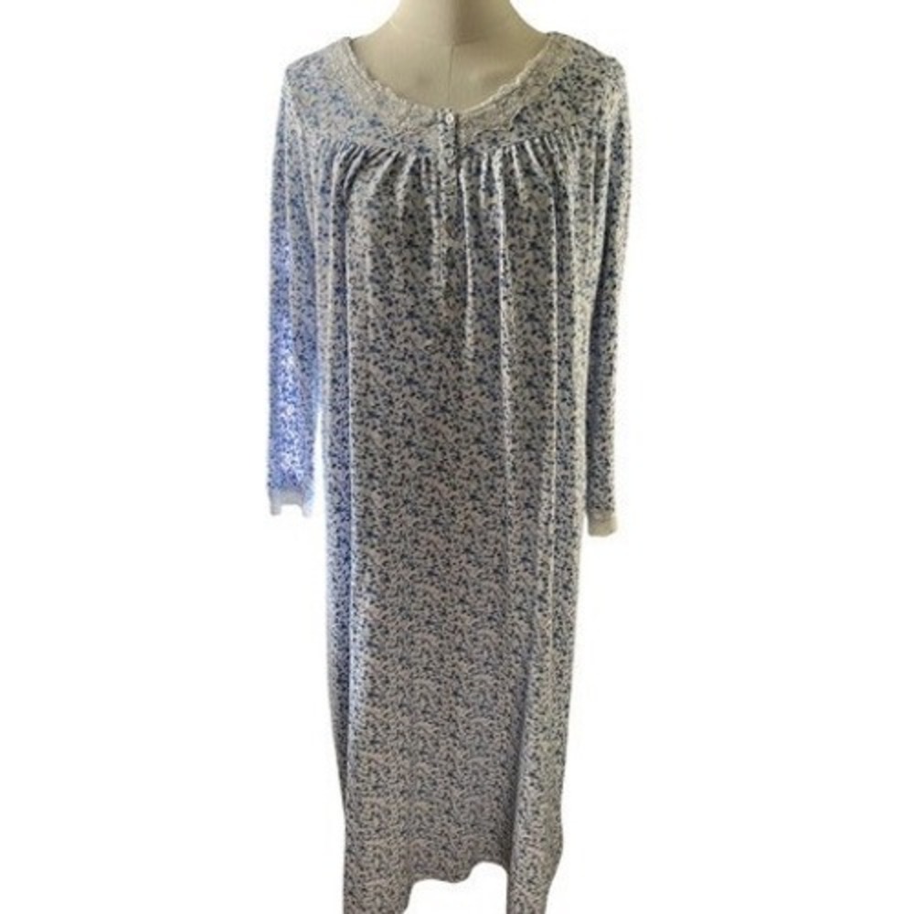 Eileen‎ West Floral Nightgown Blue Lace Trim Button Front Cottagecore Small